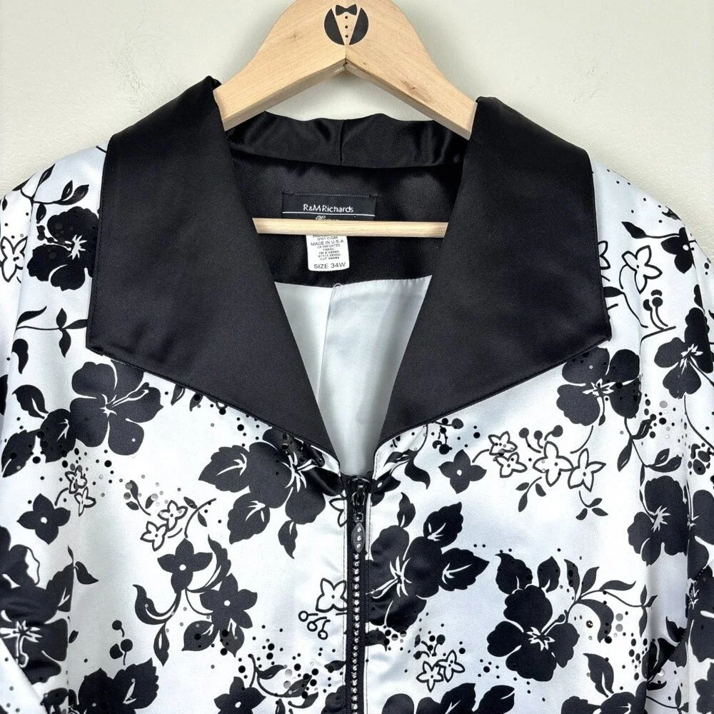 R&M Richards Woman Jacket 34W Black White Floral Zip-Up Sequins Special Occasion